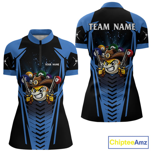 Personalized 9 Ball Cowboy Billiard Shirts For Women, Funny Billiard Shirts Billiard Jerseys |Blue TDM3103