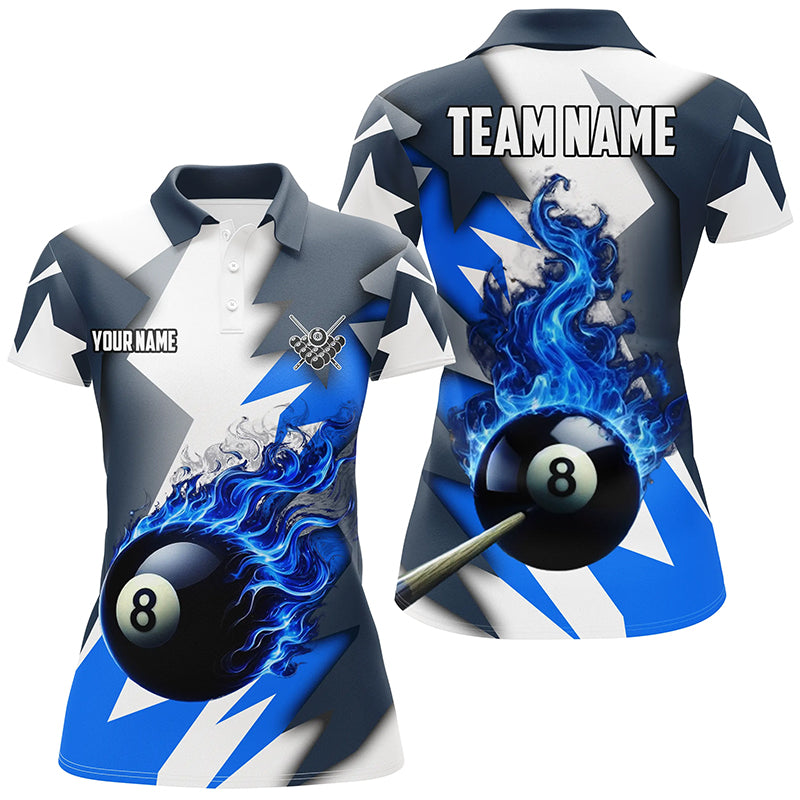 Personalized Blue Flaming 8 Ball Pool Jerseys Women Polo Shirts, Best Team League Billiard Shirts TDM1007