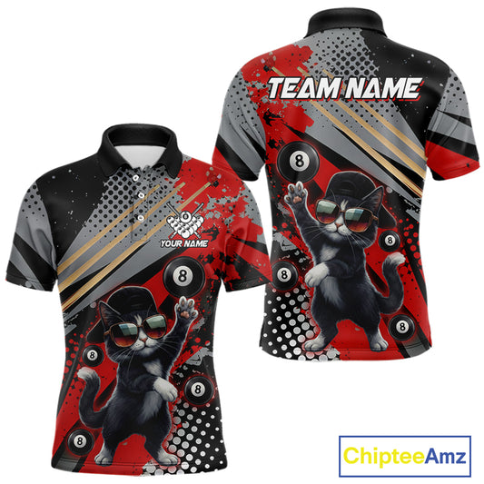 Custom Red Funny Cat Billiard Shirt For Men, Personalized 8 Ball Pool Team Jersey Polo & 1/4 Zip TDM6441