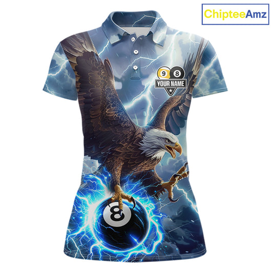 Custom blue lightning eagle pool jersey for women with patriotic billiard artwork.
