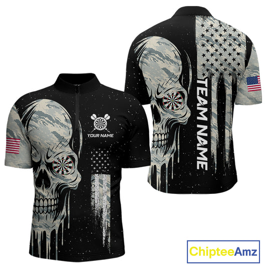 Grunge Camo Skull American Flag Dart Shirt For Men Custom Patriotic Dart Jersey Team Polo & 1/4 Zip TDM4277