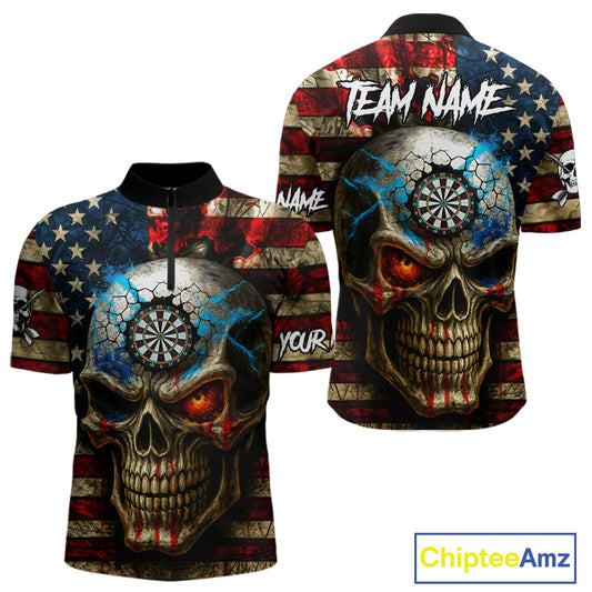 Personalized Vintage American Flag Skull Darts Shirt For Men, Patriotic Darts League Team Jersey TDM4708