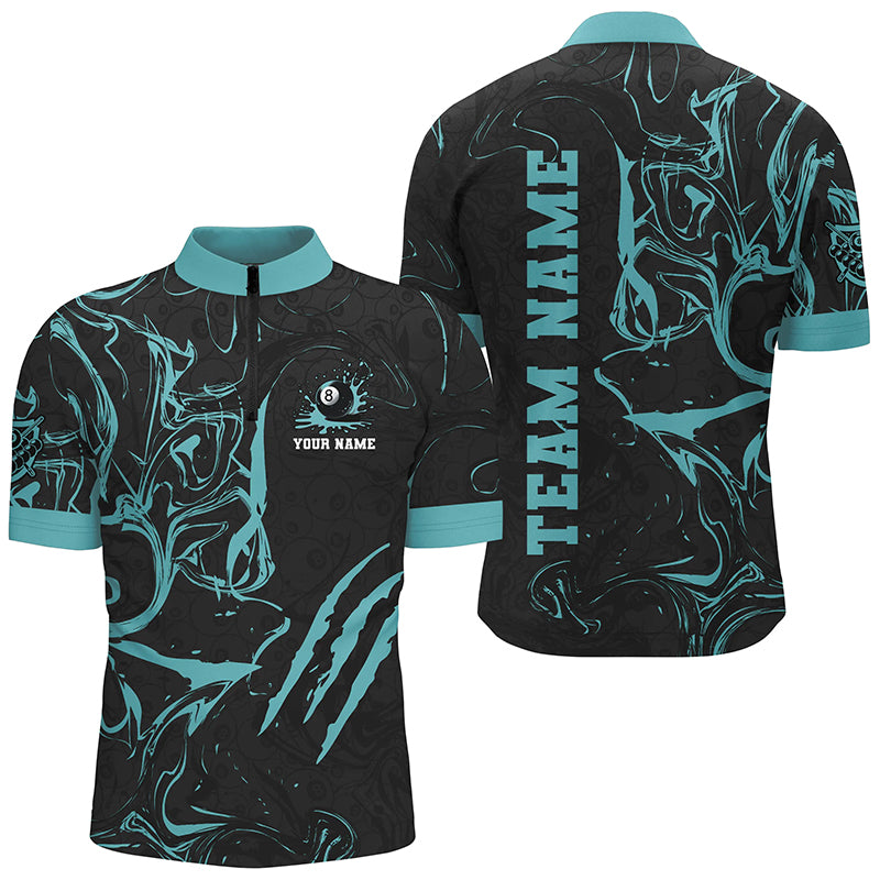 Personalized Black And Turquoise Grunge Billiard Polo, 1/4 Zip Shirts For Men, Billiard Jerseys TDM2400