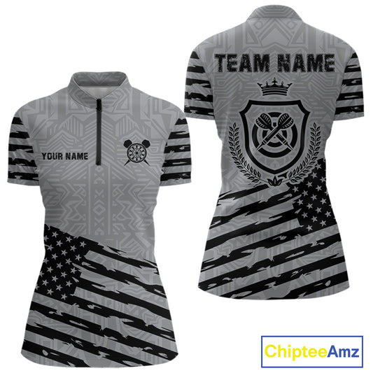 Personalized Grey US Flag Darts Shirt For Women Custom Darts Jersey, Darts Tournament Team Shirts TDM4905