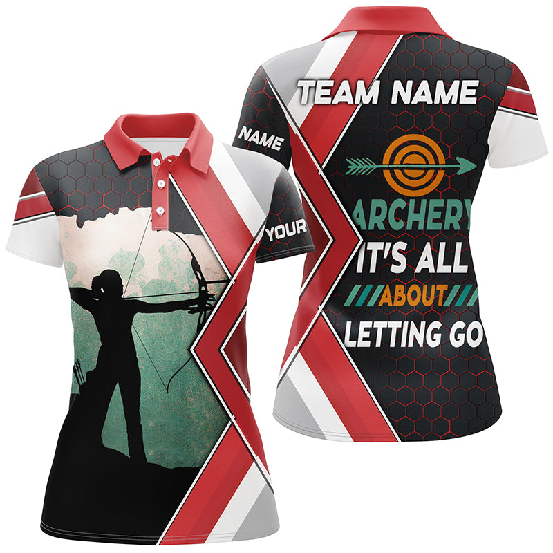 Archery It's All About Letting Go Custom Name Women Polo Shirts, Funny Bow Archery Jerseys Shirts TDM0472