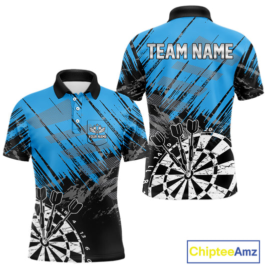 Blue Black Grunge Darts Shirts For Men Custom Dart Jersey With Pocket Option TDM4108