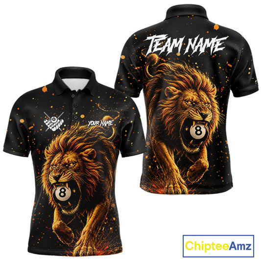 Personalized grunge lion 8 ball billiard pool team jersey polo shirt for men, custom 8 ball pool league apparel and billiard tournament jersey.