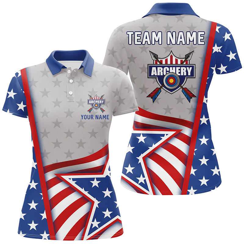 Personalized Name American Flag Archery Polo Shirts For Women, Custom Team Name Archery Jerseys TDM0479