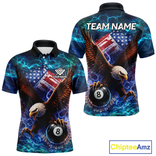 Personalized 8 Ball US Flag Eagle Lightning Billiard Shirt For Men, Patriotic Billiard Team Jersey TDM5850