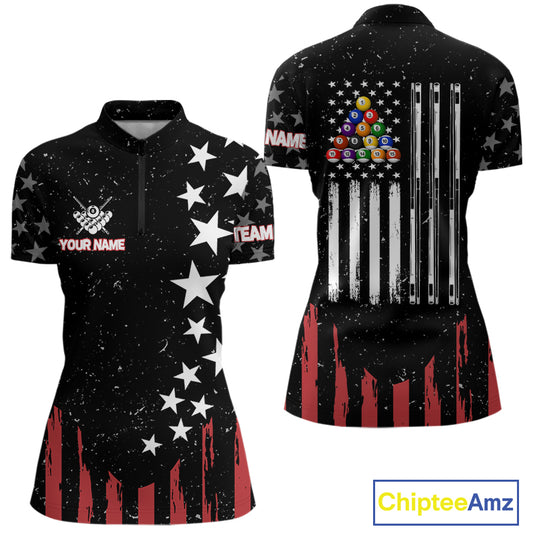 Black Grunge American Flag Billiard Shirt For Women Custom Patriotic Billiard Pool Jersey TDM3824