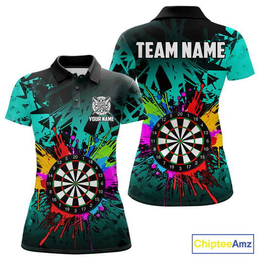 Turquoise darts polo shirt for women with dartboard design and bright team aesthetic.