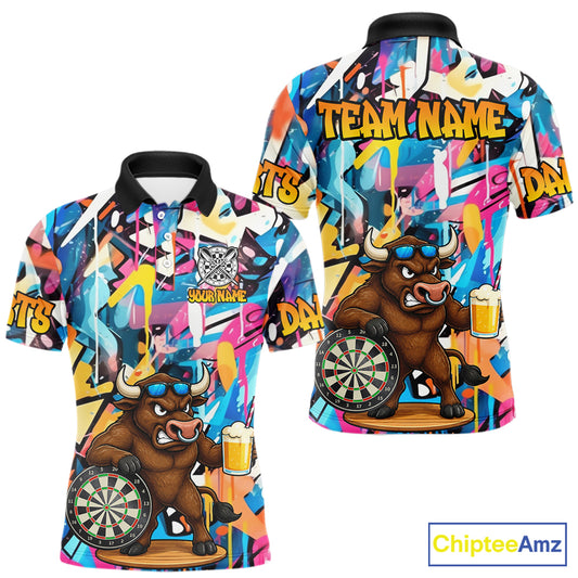 Funny Bull Colorful Graffiti Darts Shirt For Men Custom Darts Team Jersey Polo & 1/4 Zip TDM6465