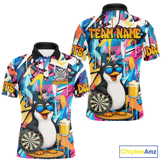 Funny Penguin Colorful Graffiti Darts Shirt For Men Custom Darts Team Jersey Polo & 1/4 Zip TDM6466
