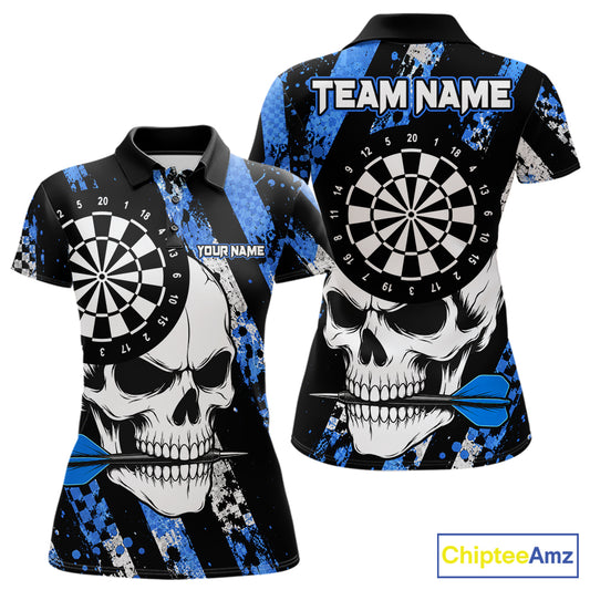 Blue camo stripes skull darts polo shirt for women with custom league team graphics.