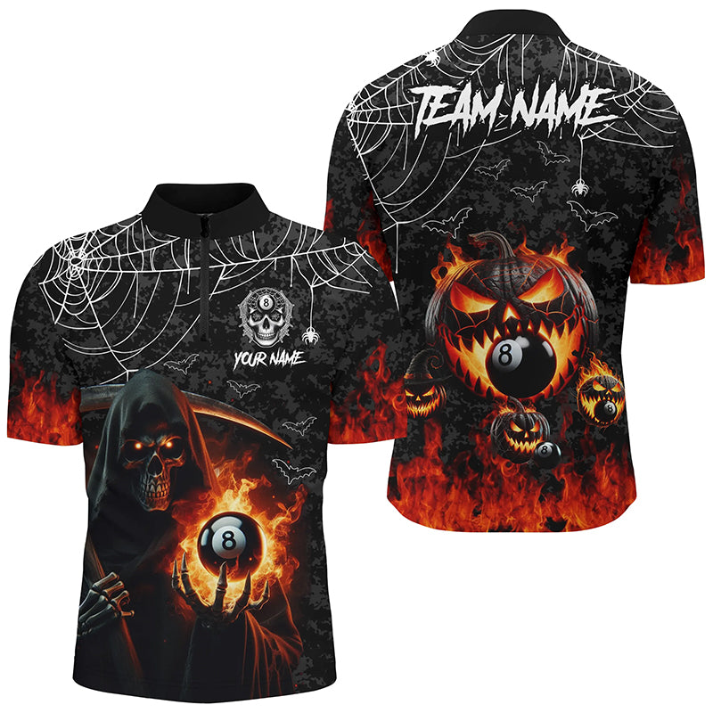 Grim Reaper With Pumpkin Fire Custom Billiard Shirts For Men, Halloween Flame Billiard Shirts TDM2427