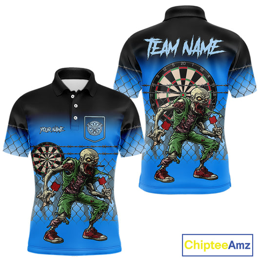 Blue Funny Zombie Dart Shirt With Pocket Option For Men Custom Darts Jersey TDM4937