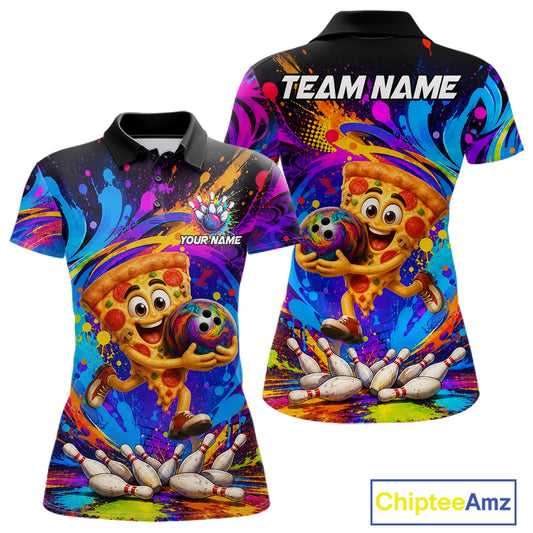 Funny pizza colorful bowling team jersey polo shirt for women featuring a fun pizza bowling design, premium custom bowling league apparel and best bowling gifts.