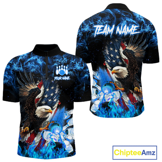 Blue flame American flag eagle bowling team jersey quarter zip shirt for men featuring a patriotic eagle and American flag design, premium custom bowling league apparel.