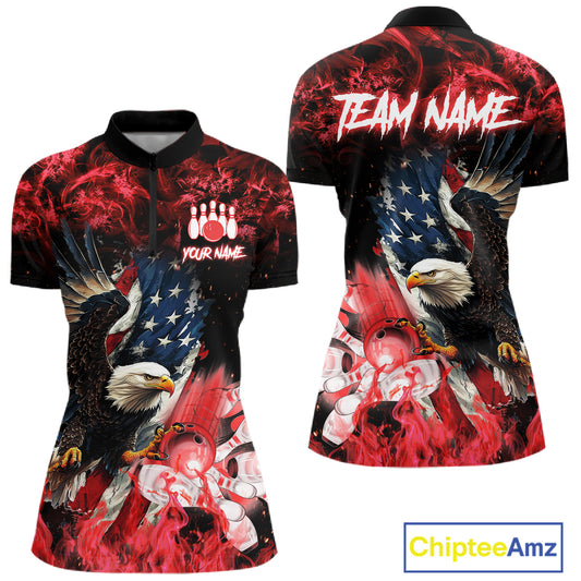 Red flame American flag eagle bowling team jersey quarter zip shirt for women featuring a patriotic eagle and American flag design, premium custom bowling league apparel.