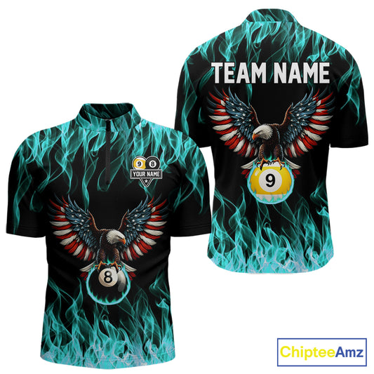 Turquoise Flaming American Flag Eagle 8 Ball 9 Ball Billiard Shirt For Men Custom Pool Team Jersey TDM5654