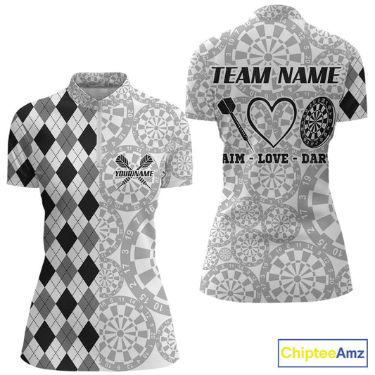 Aim Love Darts Custom Black Argyle Women Darts Polo & 1/4 Shirt, Funny Darts Shirts Dart Team Jersey TDM5662