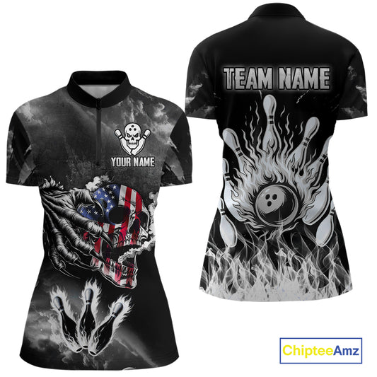 Black And White Flaming American Flag Skull Bowling Shirt For Women Custom Fire Bowling Team Jersey TDM4752