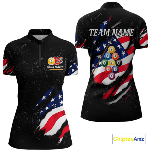 Personalized Patriotic 9 Ball Billiard Shirt For Women Custom Black Grunge American Flag Pool Jersey TDM4758