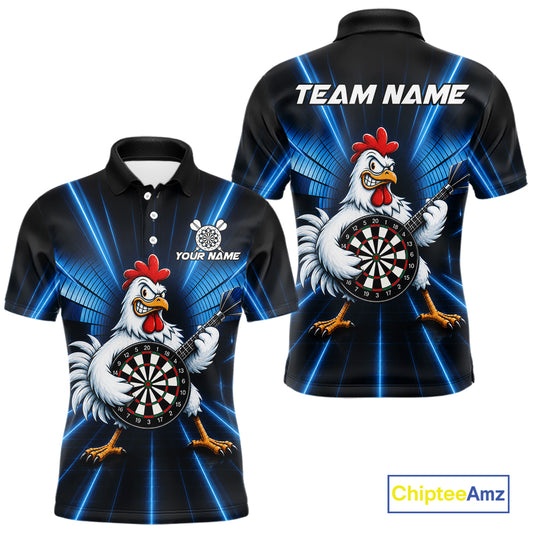 Blue Funny Chicken Playing Dartboard Guitar Custom Darts Shirts For Men, Darts Team Jersey TDM7202