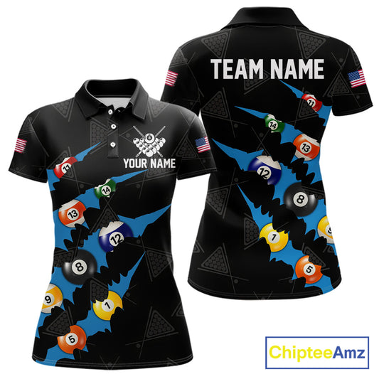 Personalized Scratch Black 8 Ball Billiard Shirt For Women, Pool Team Jersey Polo 1/4 Zip |Blue TDM6071