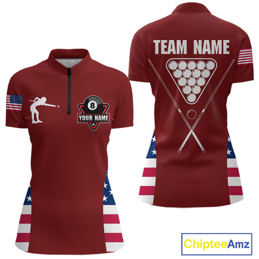 Personalized US Flag 8 Ball Pool Billiard Shirt For Women, Billiard Team Jersey Polo & 1/4 Zip |Red TDM5477