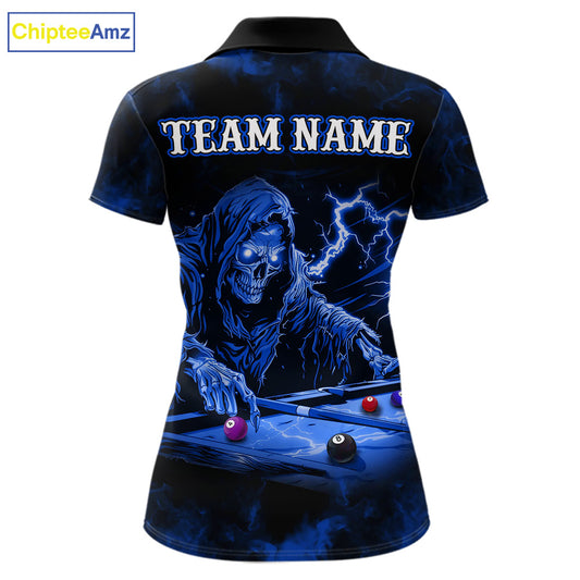 Personalized Smoke Skull Blue Billiard Shirts For Women, Grim Reaper Pool Jersey Team Polo & 1/4 Zip TDM5934