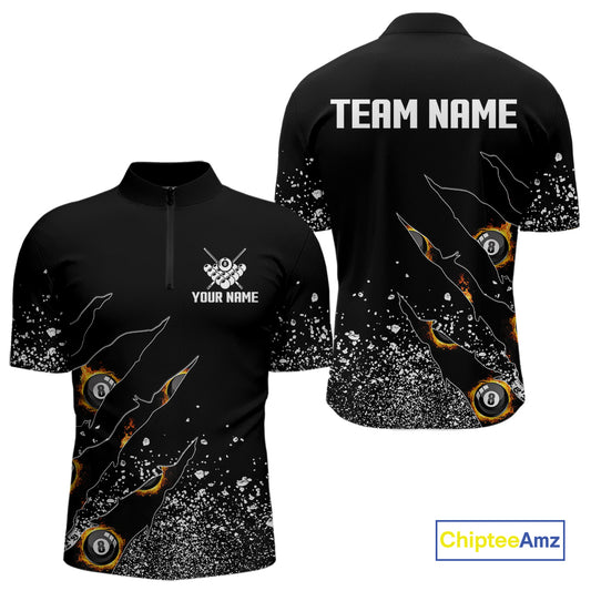 Custom 8 Ball Fire Black Grunge Billiard Shirts For Men, Billiard Team Shirts Pool Jerseys TDM4015