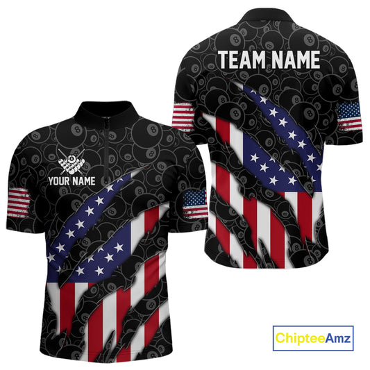 Personalized American Flag Billiard Shirts For Men, Patriotic 8 Ball Pool Team Jersey | Black TDM4027