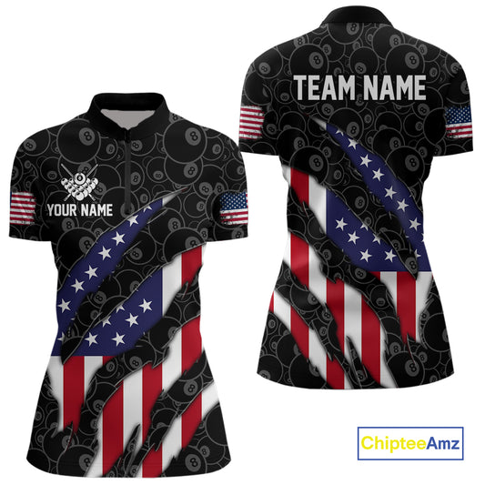 Personalized American Flag Billiard Shirts For Women, Patriotic 8 Ball Pool Team Jersey | Black TDM4027