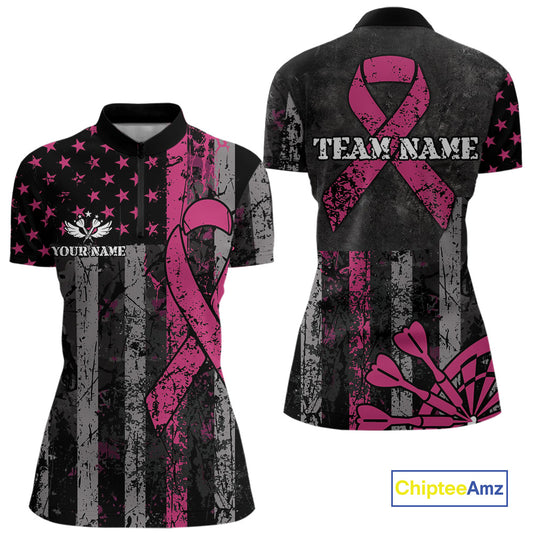 Custom Pink Ribbon Grunge American Flag Patriotic Darts Shirt For Women, Breast Cancer Darts Jersey TDM4623