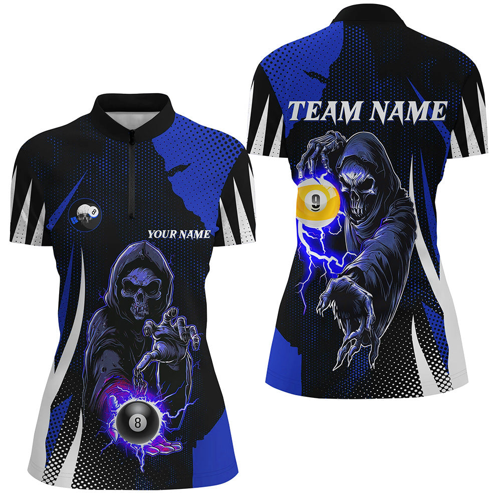 Funny Blue Grim Reaper 8 Ball & 9 Ball Billiard Shirts For Women Custom League Billiard Jerseys TDM2284