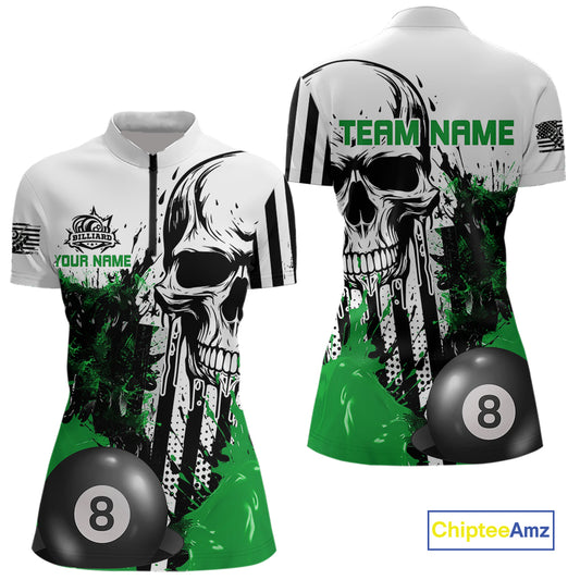 Personalized Green Grunge Skull Billiards Shirts For Women Custom Retro Billiard Team Jerseys Attire TDM4650