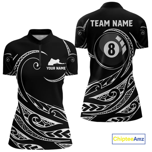 Black White 8 Ball Pool Tribal Billiard Shirt For Women Custom Billiard Team Jersey Polo & 1/4 Zip TDM4411