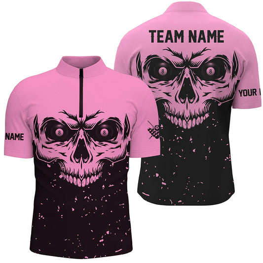 Custom Grunge Pink Black Skull Billiard Men Jerseys Shirts, 8 Ball Billiards Apparel Clothing TDM1876