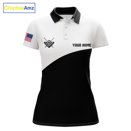 Black and white 8 ball custom billiard polo shirt for women, personalized pool team jersey for tournaments.