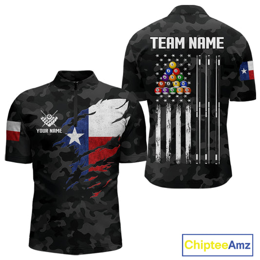 Personalized Texas & American Flag Camo Billiard Shirt For Men Custom Patriotic Pool Team Jersey TDM5543