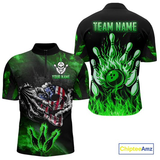 Green Flaming American Flag Skull Bowling Shirt For Men Custom Fire Bowling Team Jersey TDM4656