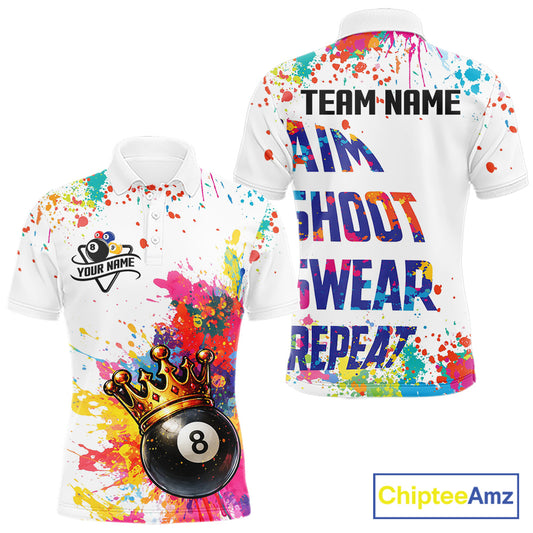 Colorful 8 Ball Crown Aim Shoot Swear Repeat Billiard Shirt For Men Custom Pool Team Jersey|White TDM5795