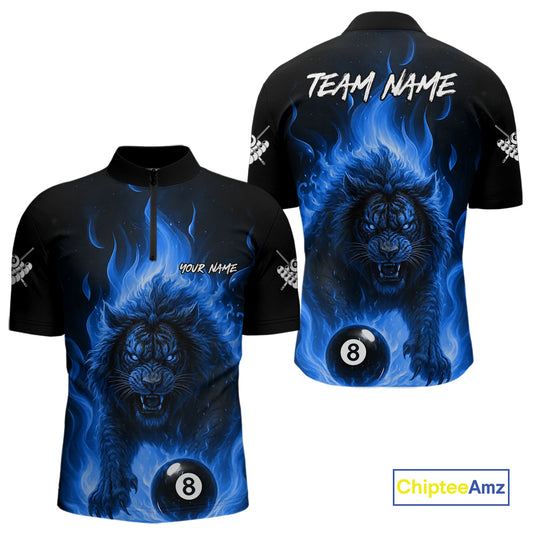 Blue Flaming Lion 8 Ball Billiard Shirts For Men Custom Fire Billiard Team Jersey Polo & 1/4 Zip TDM5306