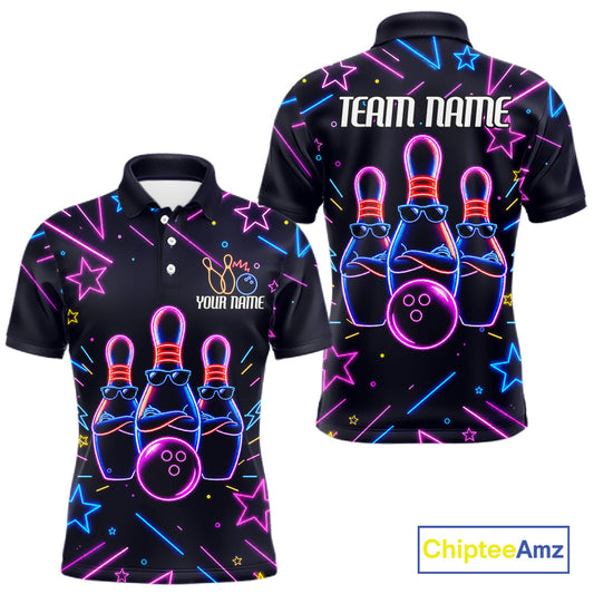 Purple funny neon bowling team polo shirt for men with vibrant neon bowling graphics.