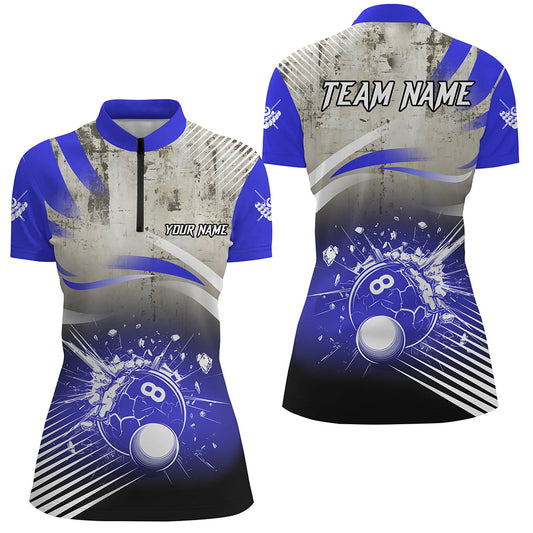 Personalized Blue Grunge Break 8 Ball Billiard Shirts For Women, Retro Team League Billiard Jerseys TDM2344