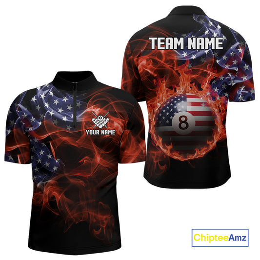 American Flag Smoke Fire 8 Ball Pool Billiard Shirt For Men Custom Patriotic Billiard Team Jersey TDM5332