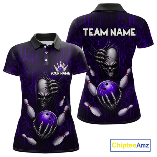 Black And Purple Custom Skull Bowling Shirt For Women, Hexagon Bowling Team Jersey Polo & 1/4 Zip TDM6427