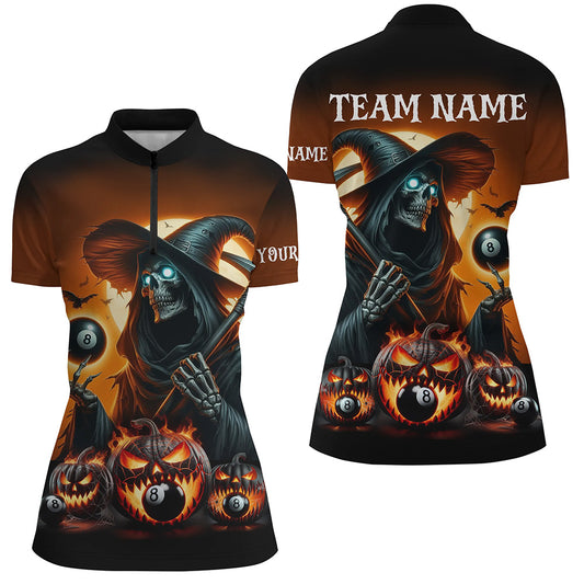 Grim Reaper & Pumpkin With 8 Ball Pool Billiard Jerseys For Women, Funny Halloween Billiard Shirts TDM2377