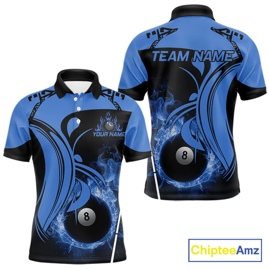 Personalized Blue 8 Ball Fire Flame Billiard Shirt For Men, Pool Team Jersey Polo & 1/4 Zip TDM5974